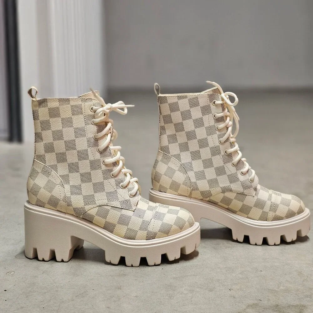 Checkered Platform Lace-Up Ankle Boots With Chunky Lug Soles - Beige & Cream - W - Picture 2 of 7